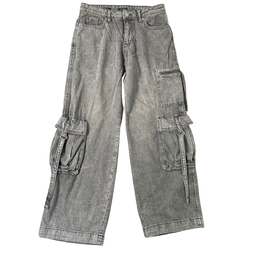 Cargo Jeans Women 4 Grey Baggy Acid Wash Utility Streetwear Y2K Mcbling Grunge